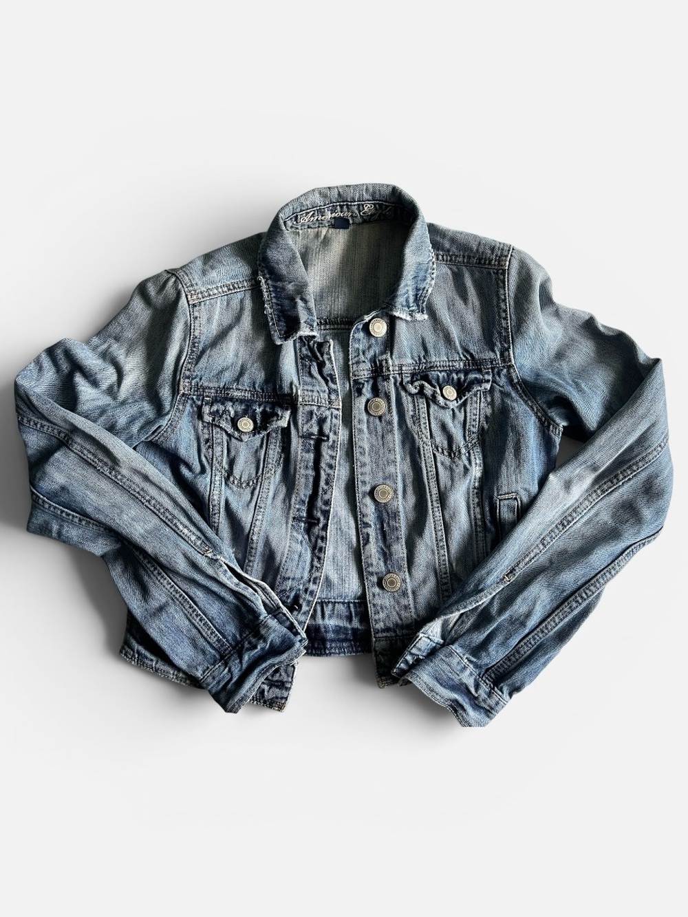 AE Cropped Denim Jacket Small Distressed Blue Trucker Festival Y2K